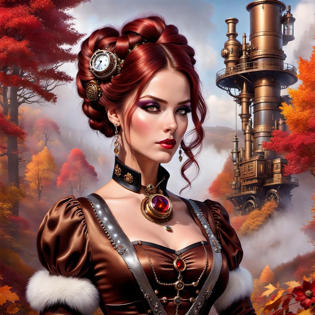 Modern Young lovely Steampunk Woman with Red Brown braided u...