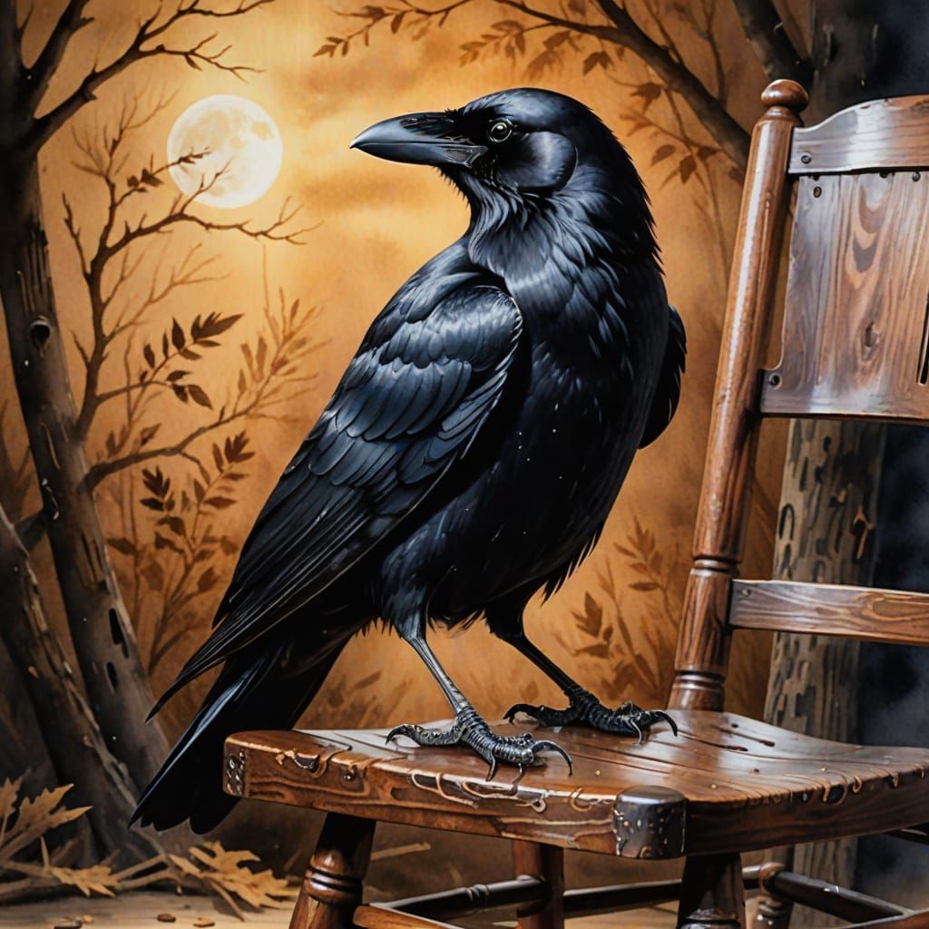 Hyperrealistic Crow on Rocking Chair in Watercolor Style