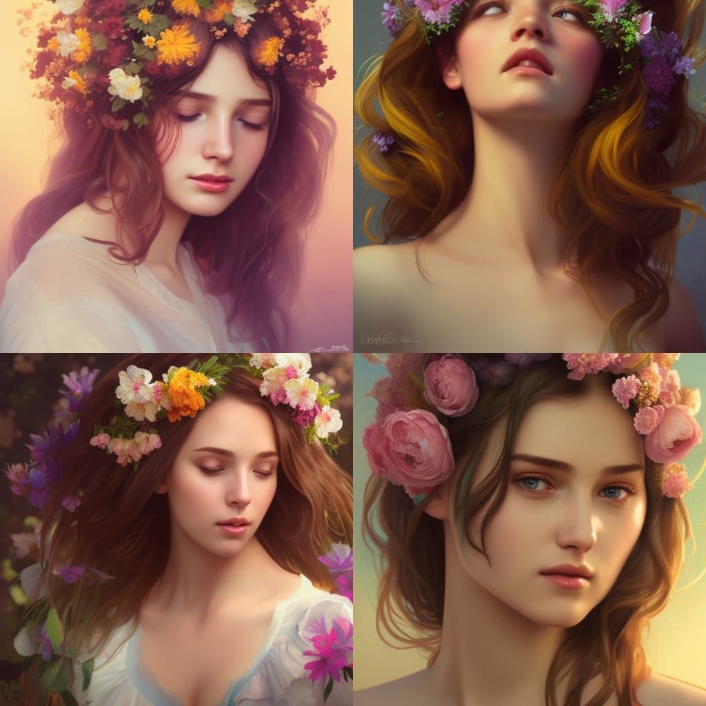Beautiful Girl Portrait with Flowers, Photorealistic Concept...