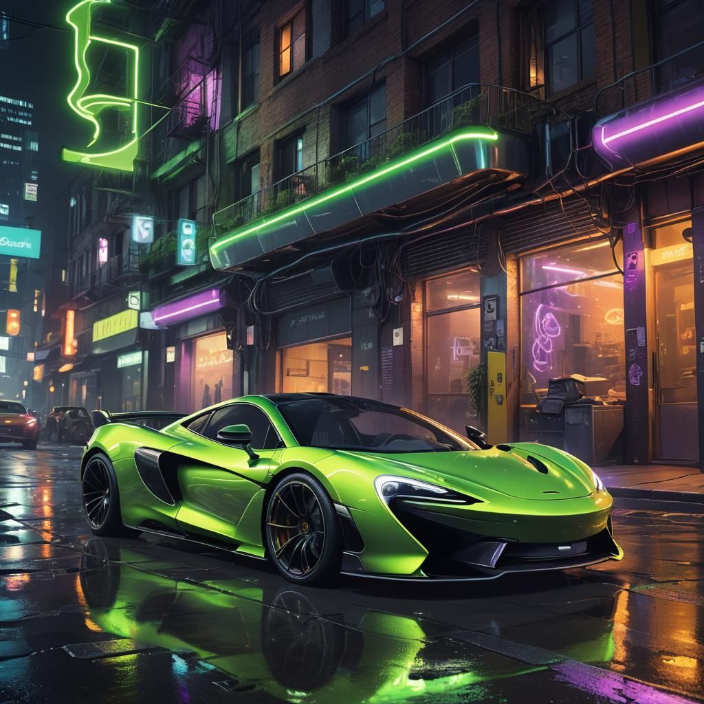Neon McLaren Beside Ethereal Portal in Cyberpunk Alleyway