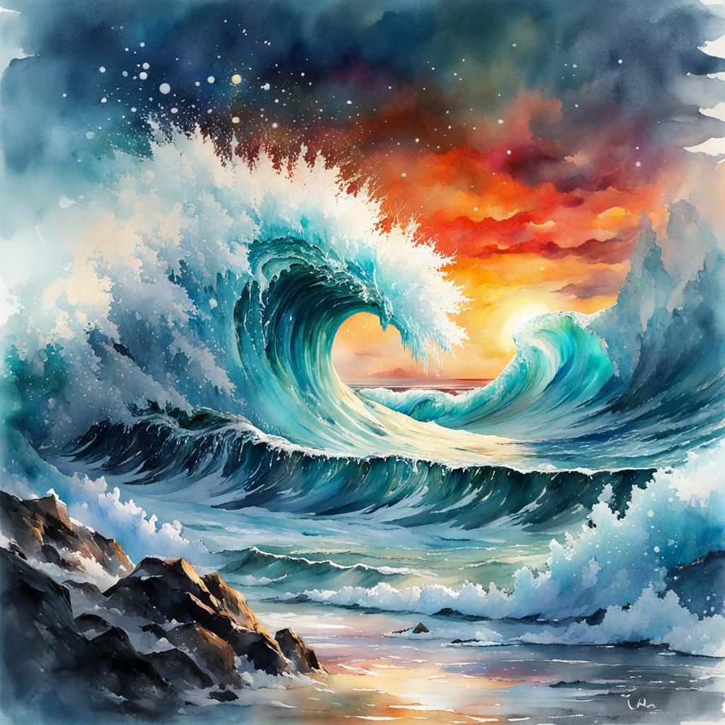 Icy Wave Digital Watercolor Fantasy Landscape