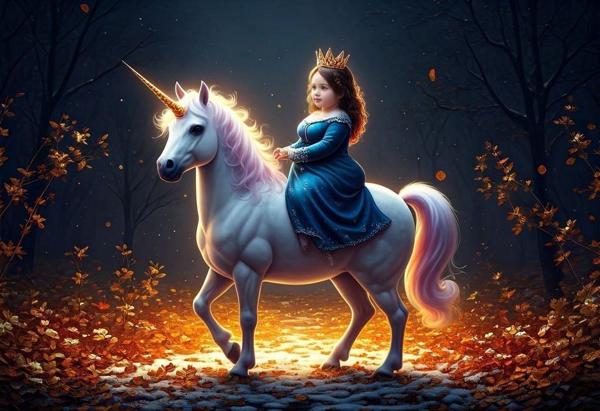 Chubby Princess on Unicorn in Snowy Forest