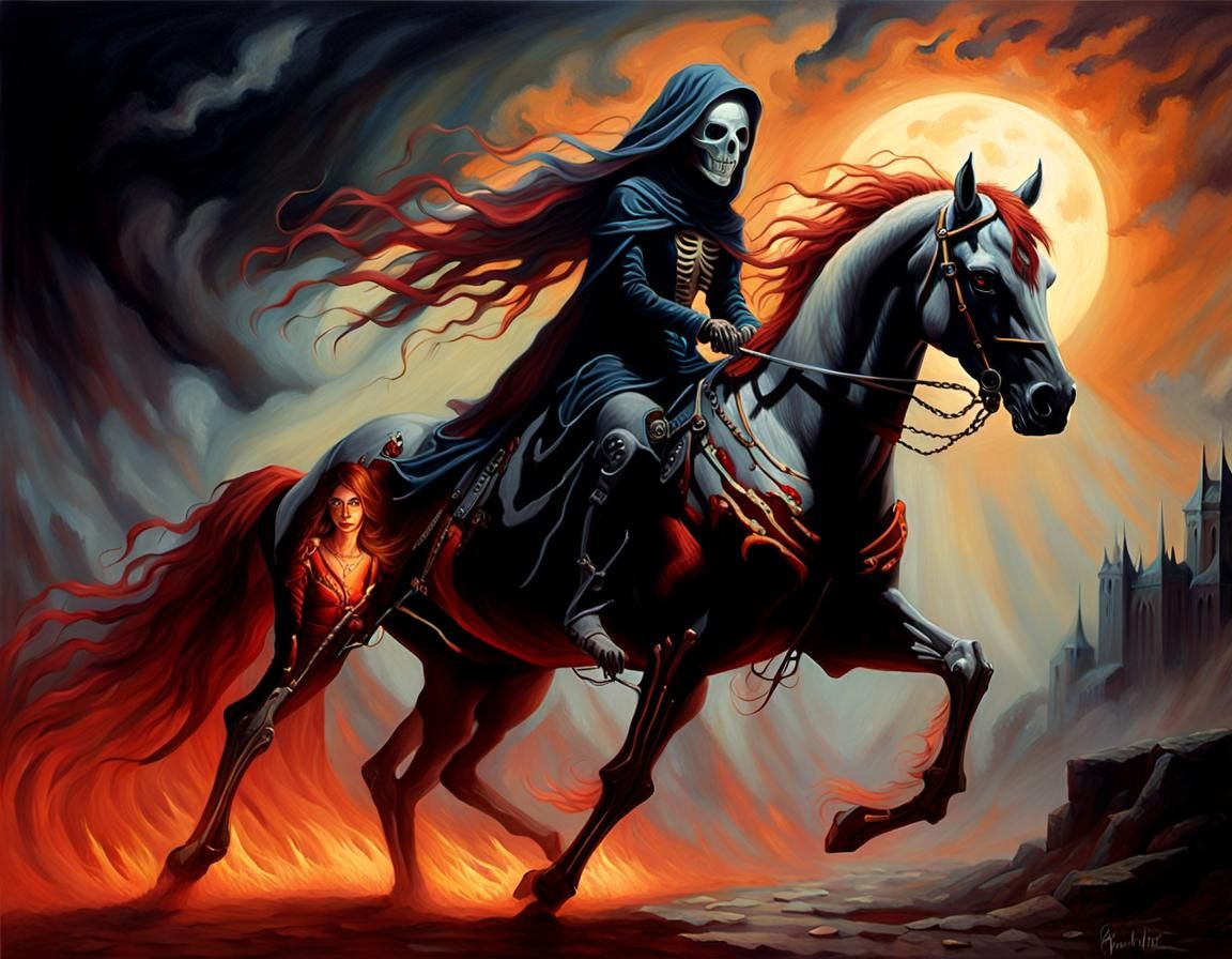 Masked She Devil Rides Glowing Skeleton Horse