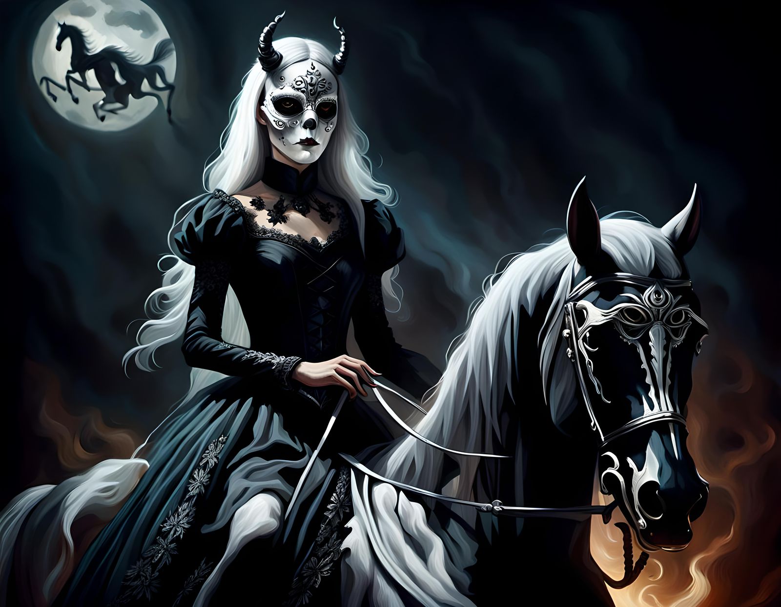 Demonic She-Devil Rides Skeleton Horse in Dark Castle