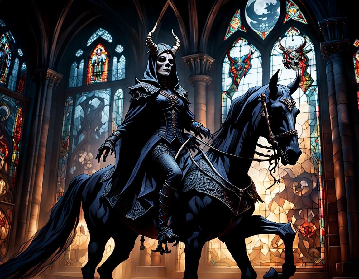 She-Devil Rides Skeleton Horse in Gothic Castle