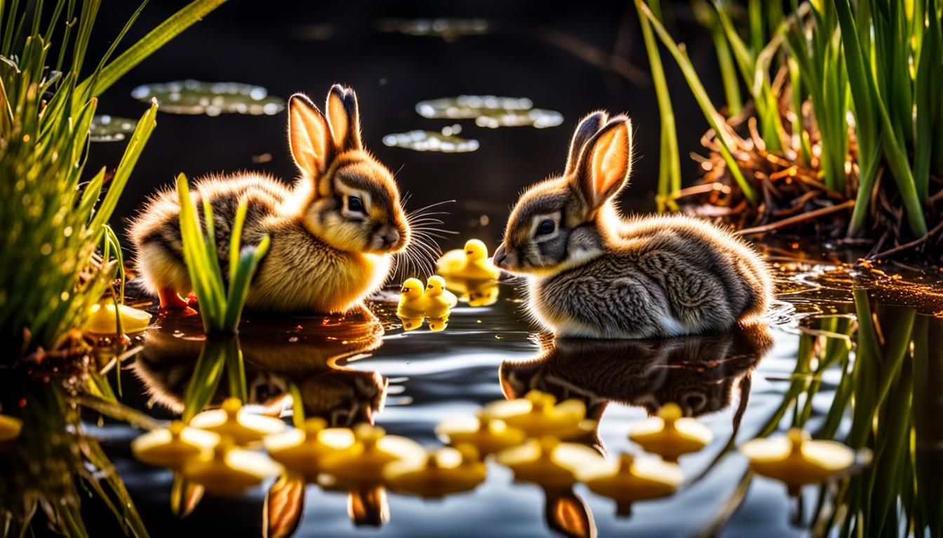 Hyperrealistic Ducklings and Rabbits by Pond