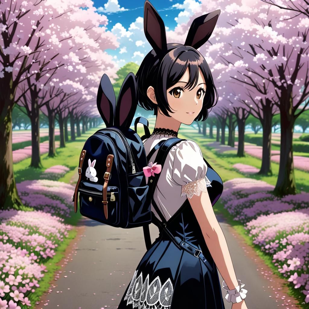 Anime Girl with Rabbit Backpack in Spring Field