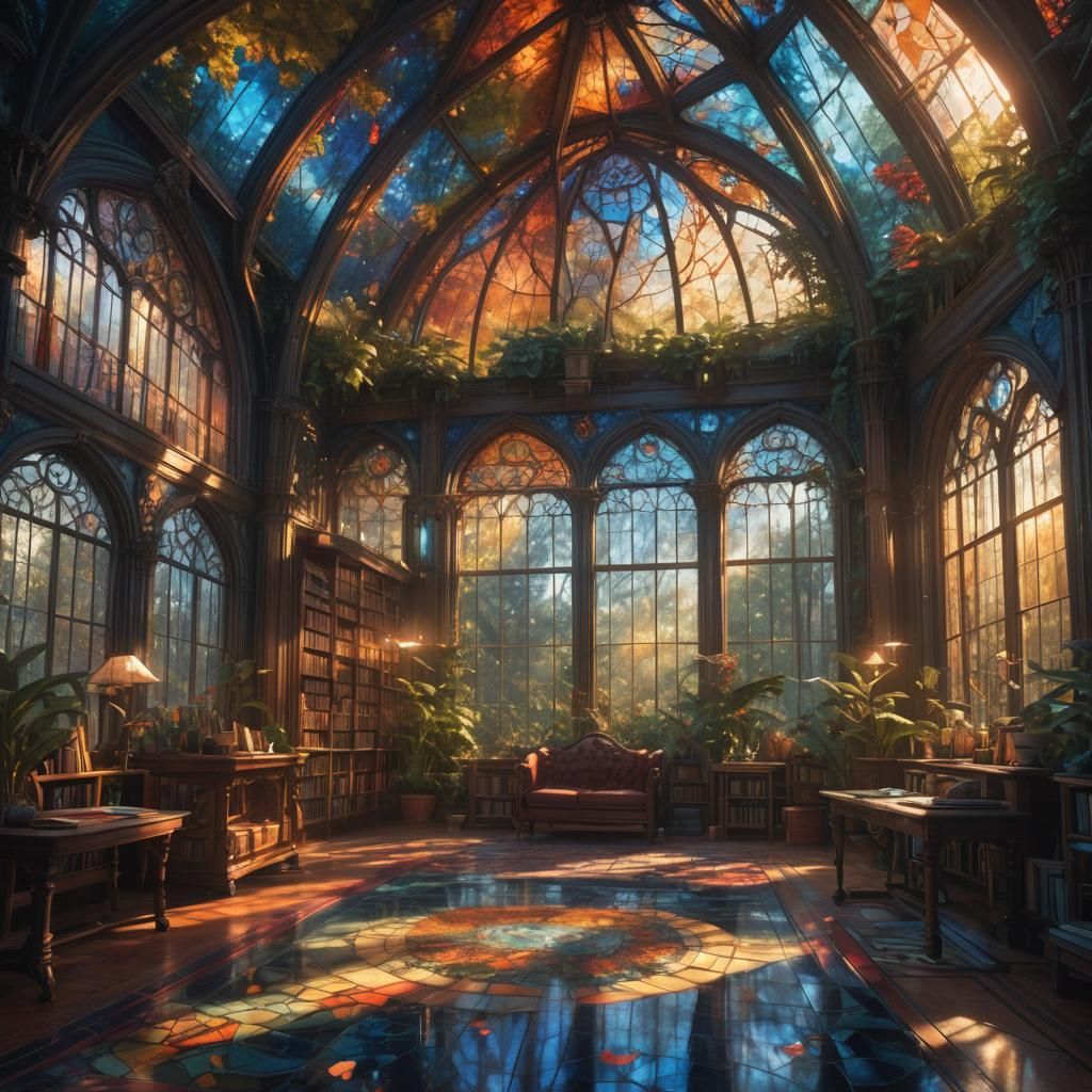 Majestic Glasshouse Library with Stained Glass Mural
