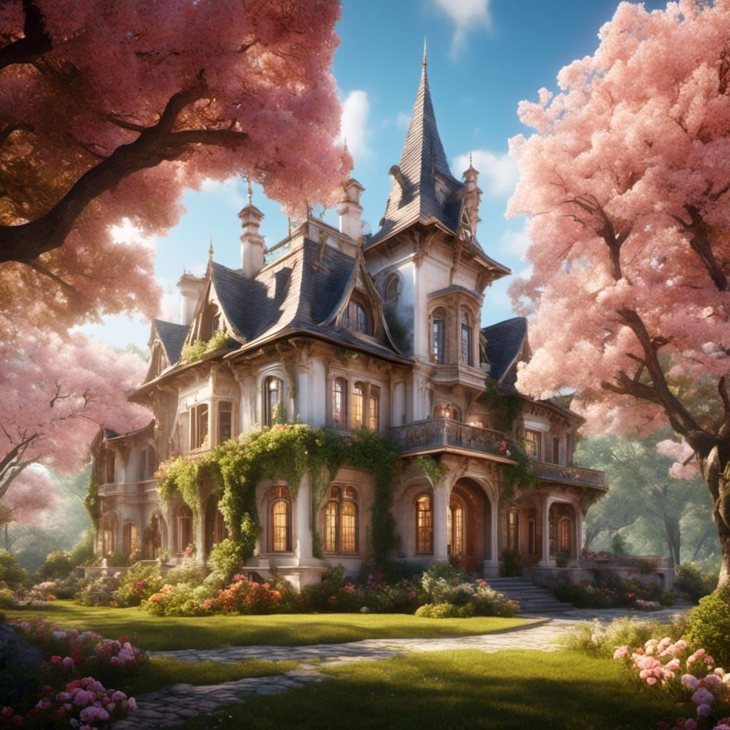 Whimsical Spring Manor in Hyperreal Style