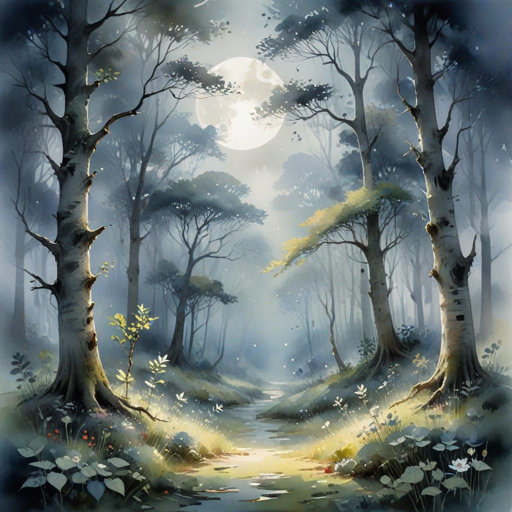 Whimsical Moonlit Forest Glade in Ethereal Watercolour Style