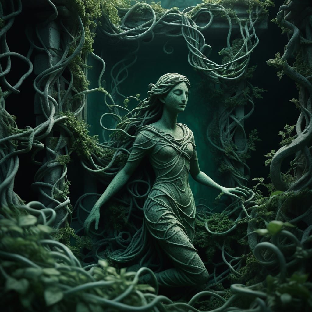 Eerie Surrealist Maze with Hidden Statues