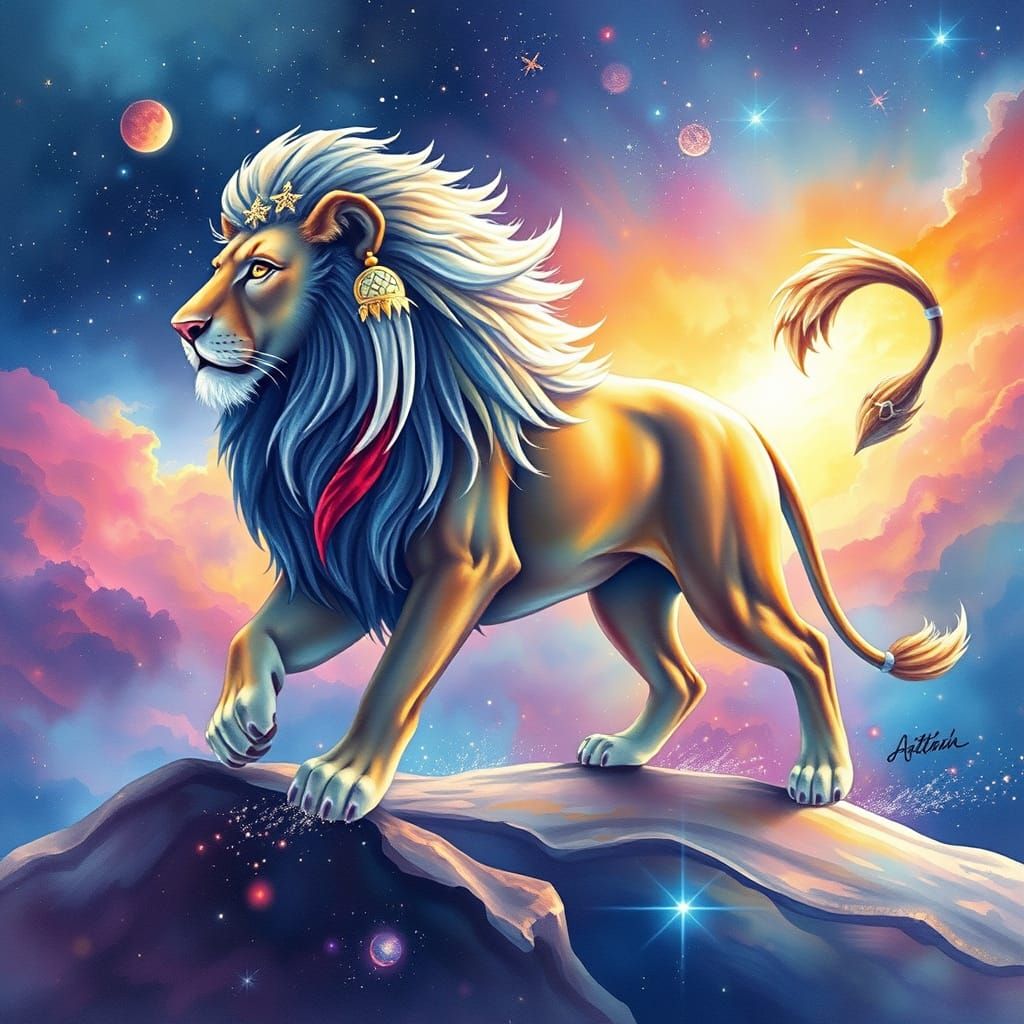 Celestial Lion Striding Across Rainbow Nebula