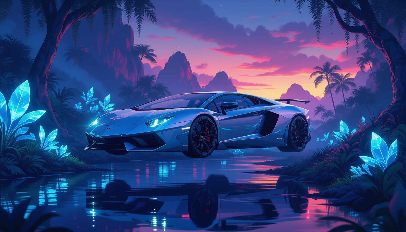 Futuristic Lamborghini Hovering Over Alien Jungle