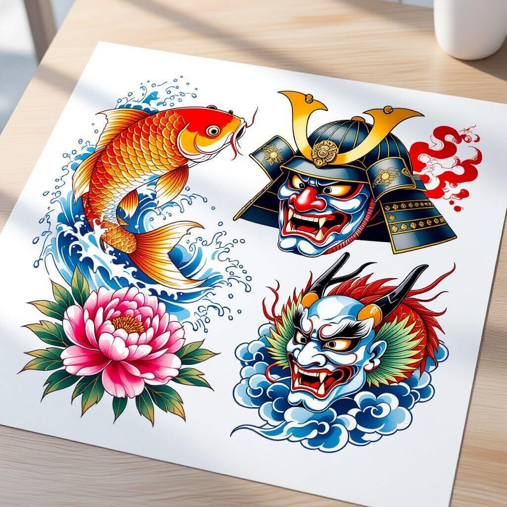 Japanese Tattoo Flash Sheet with Koi and Dragon