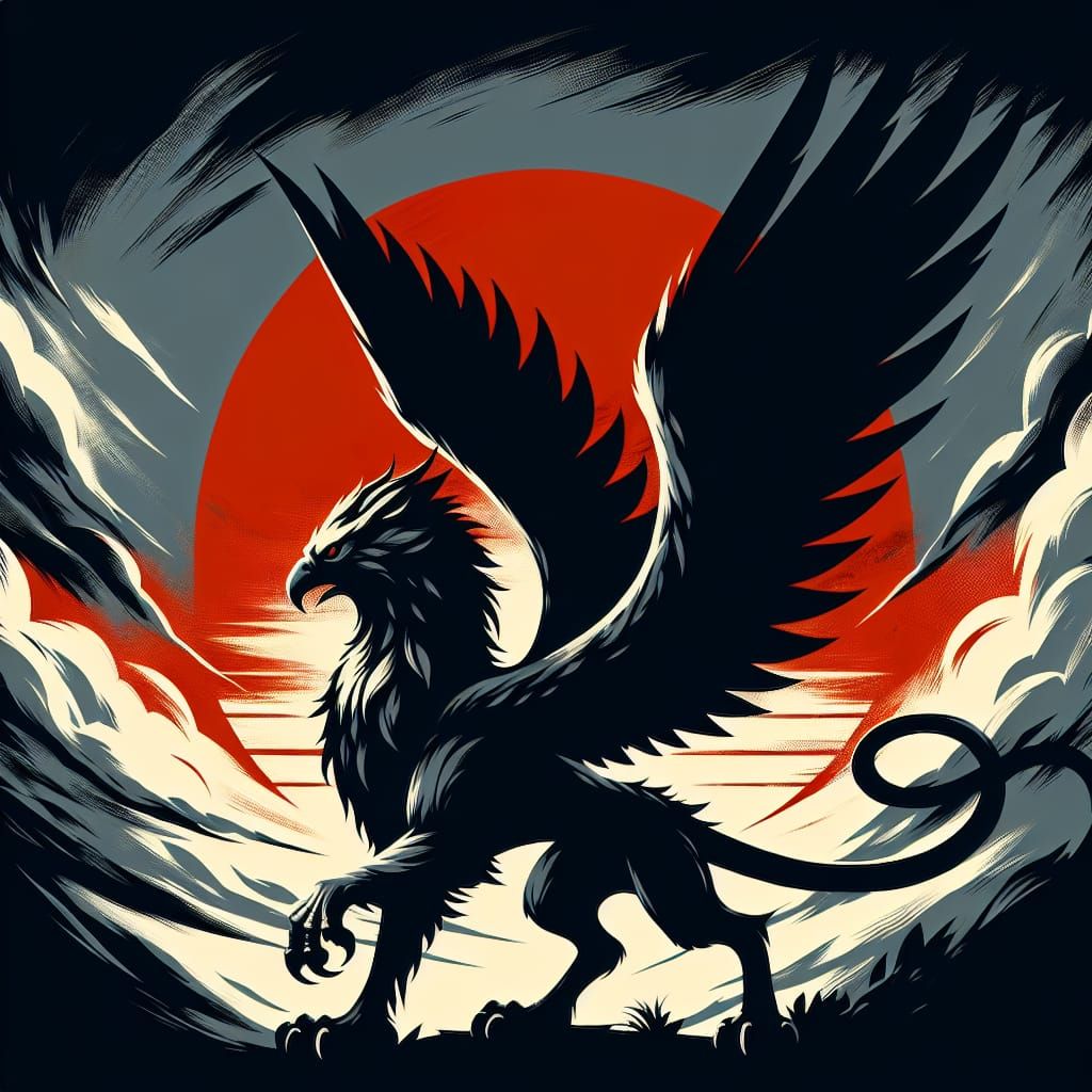 Gryphon Silhouette Against Fiery Sunset, Sumi-e Style
