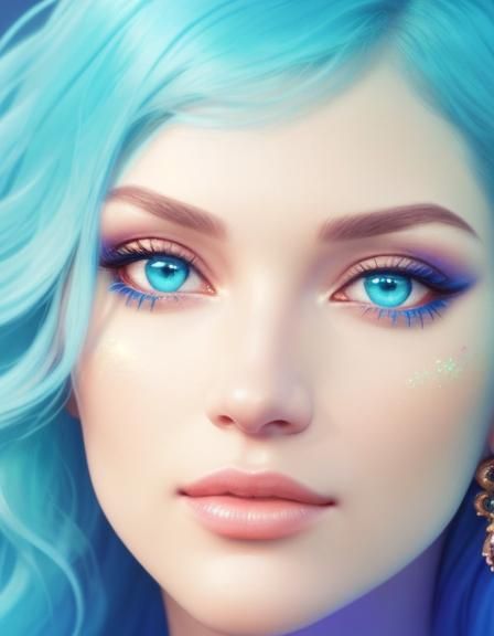 Beautiful young lady with wavy turquoise blue hair and blue ...