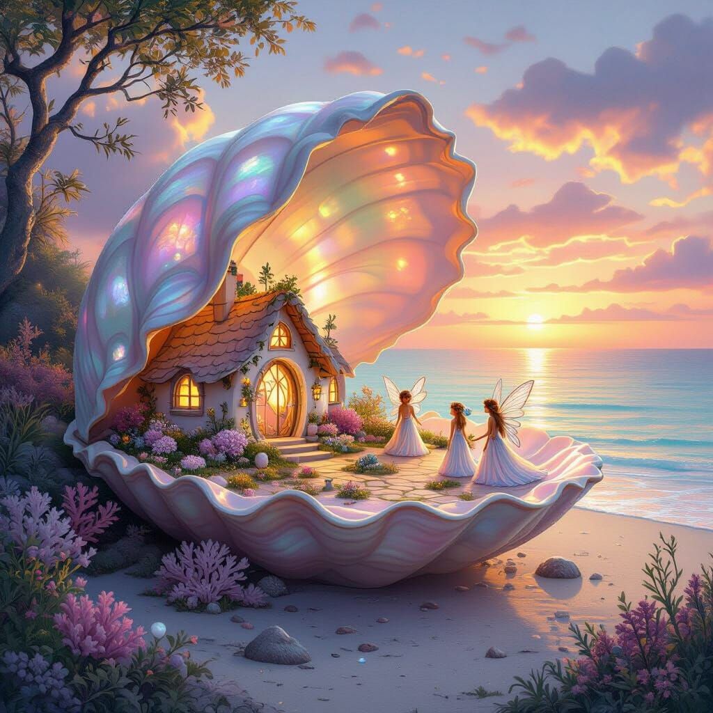 Enchanting Fairy Village Inside Seashell, Storybook Illustra...