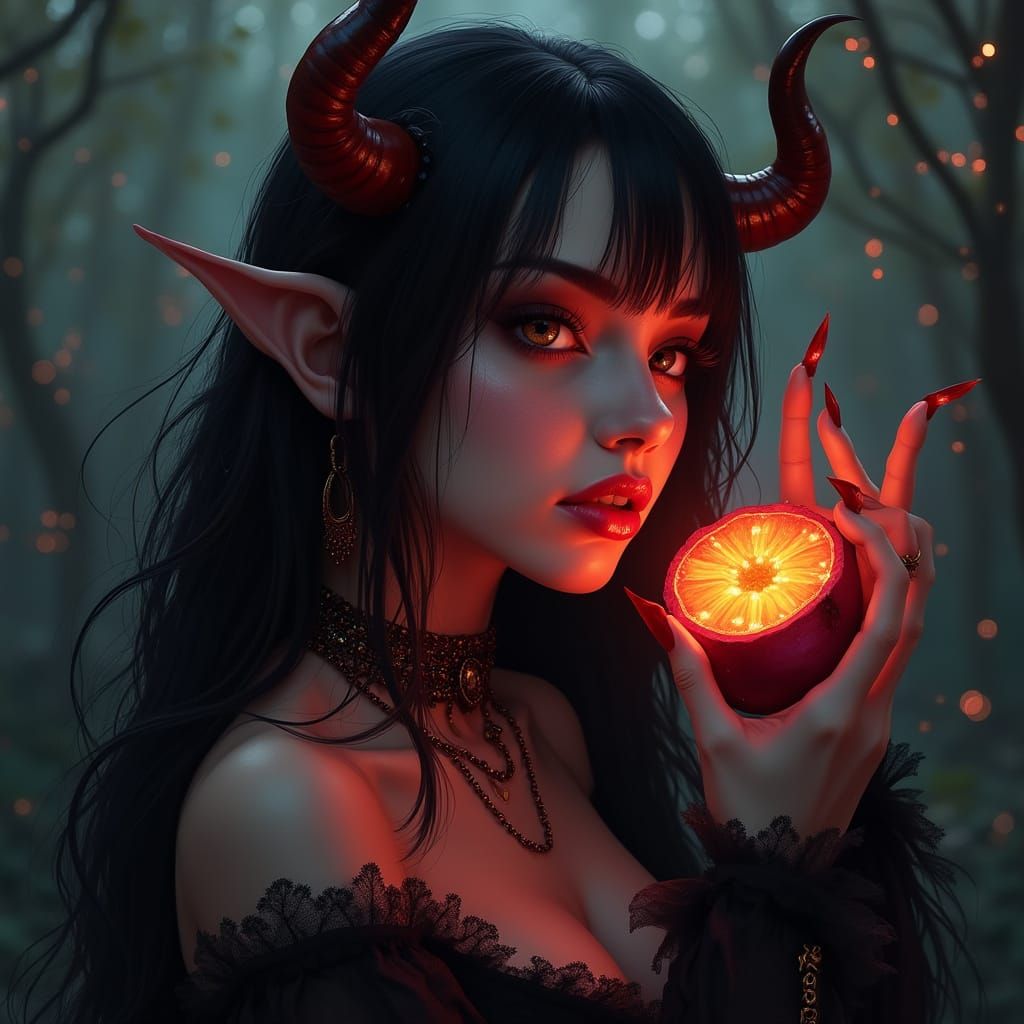 Demon Woman with Devil Fruit, Dark Fantasy Art