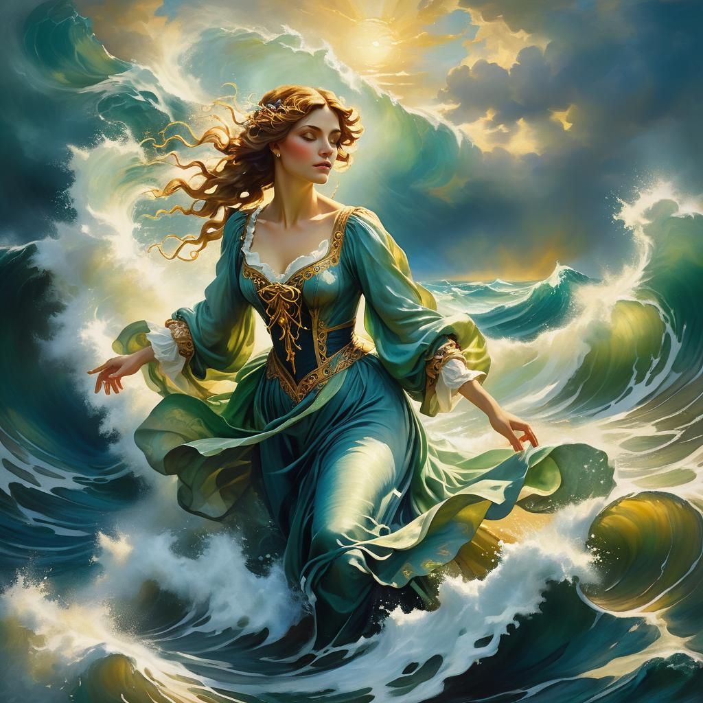 Renaissance Figure Rising Above Ocean Waves