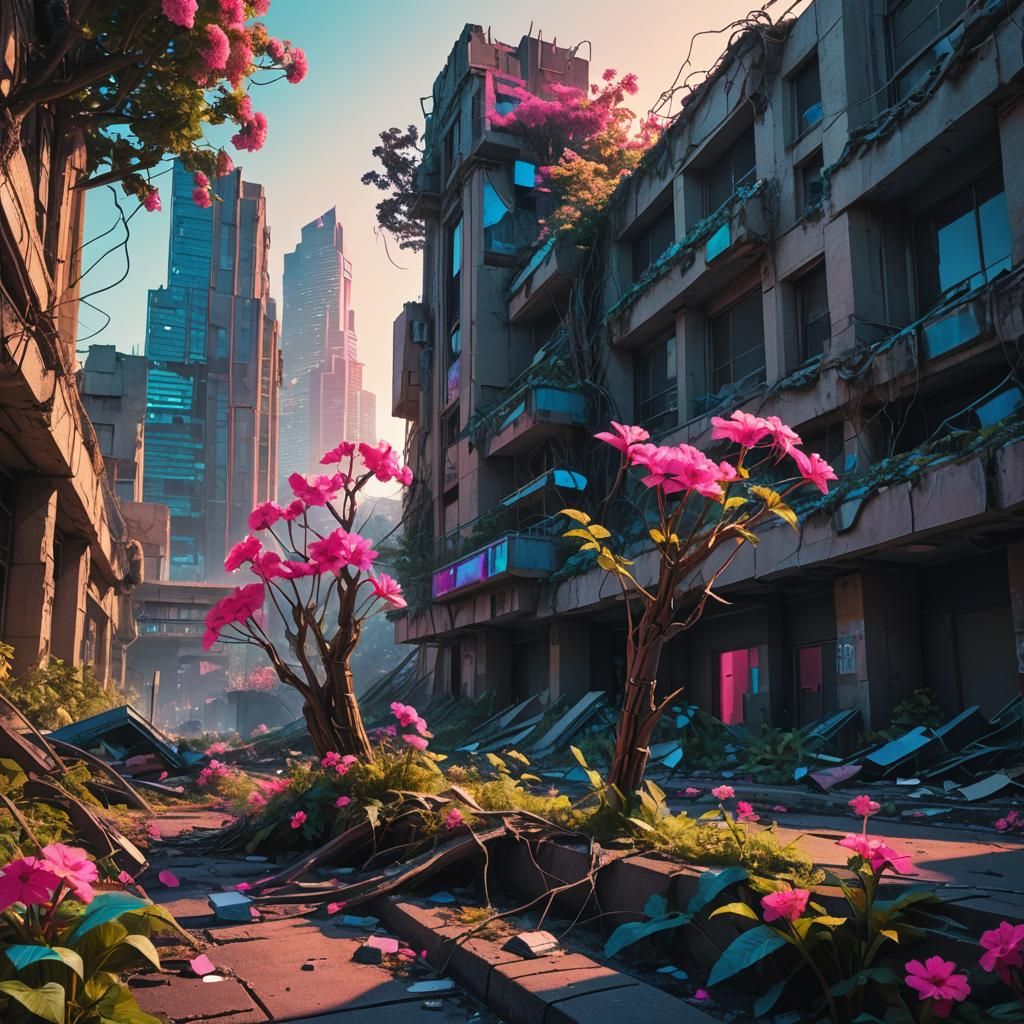 Synthwave Cityscape: Nature Reclaims a Neon Apocalypse