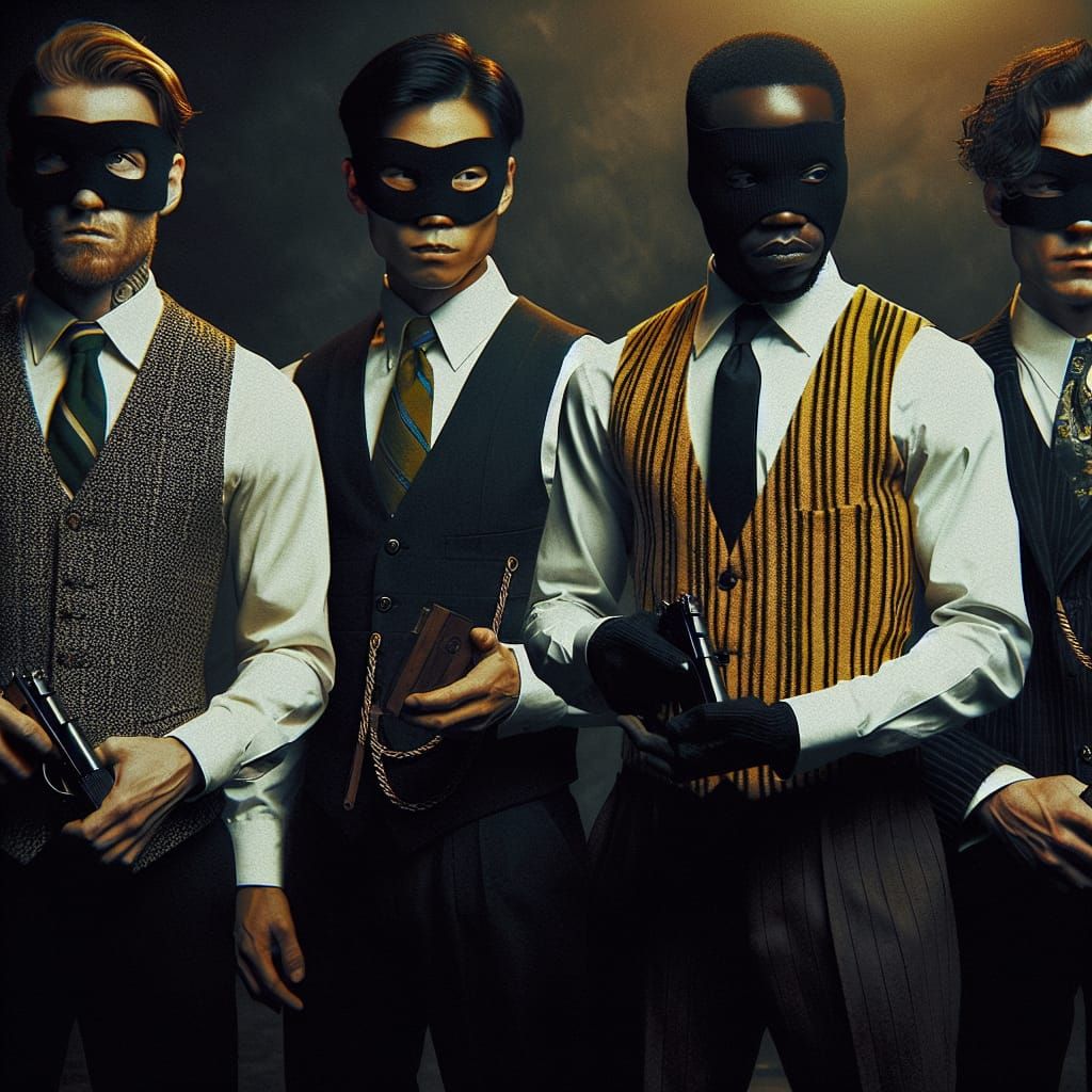 Dramatic Cinematic Still of Four Masked Men