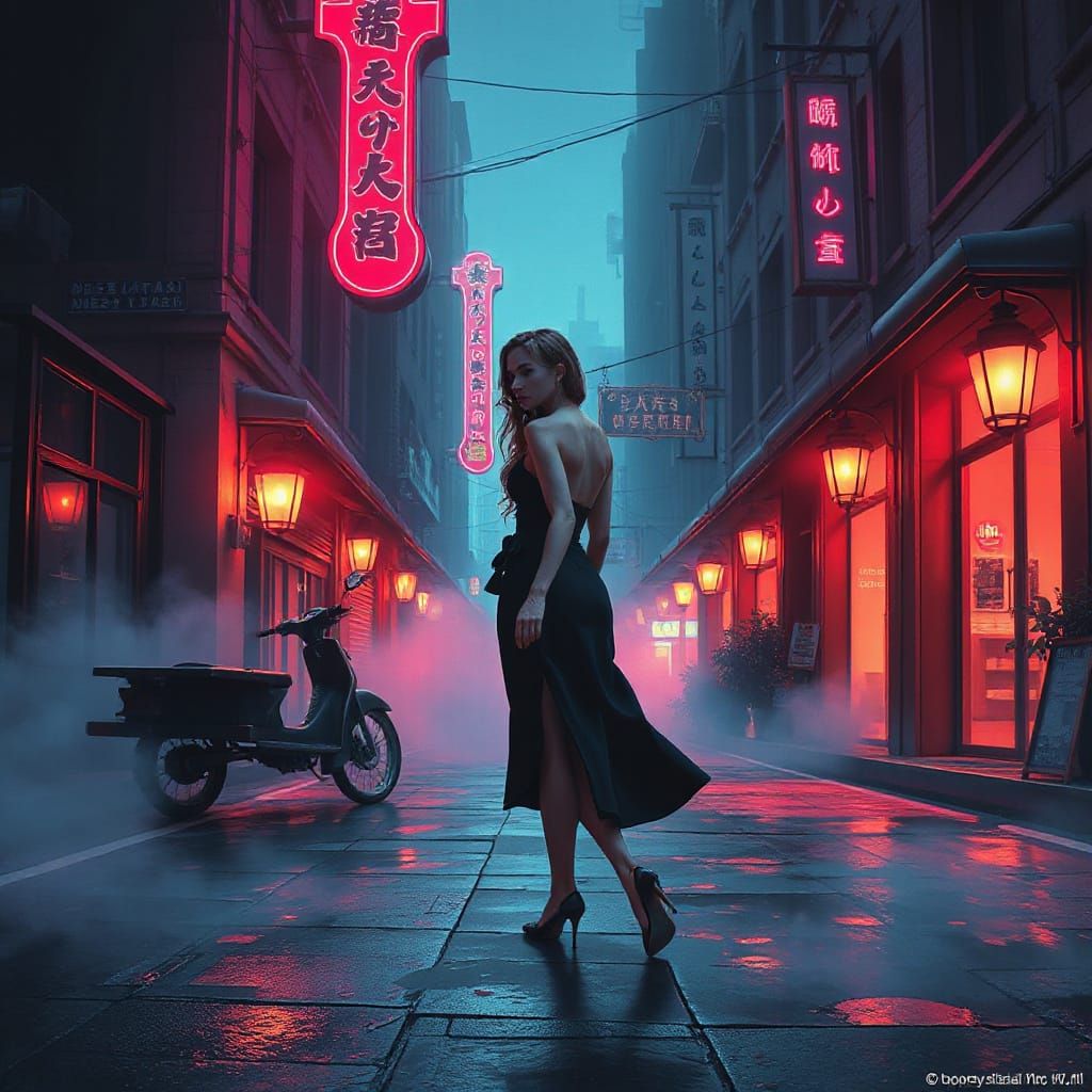 Noir Streetscape with Neon and Whimsical Elements