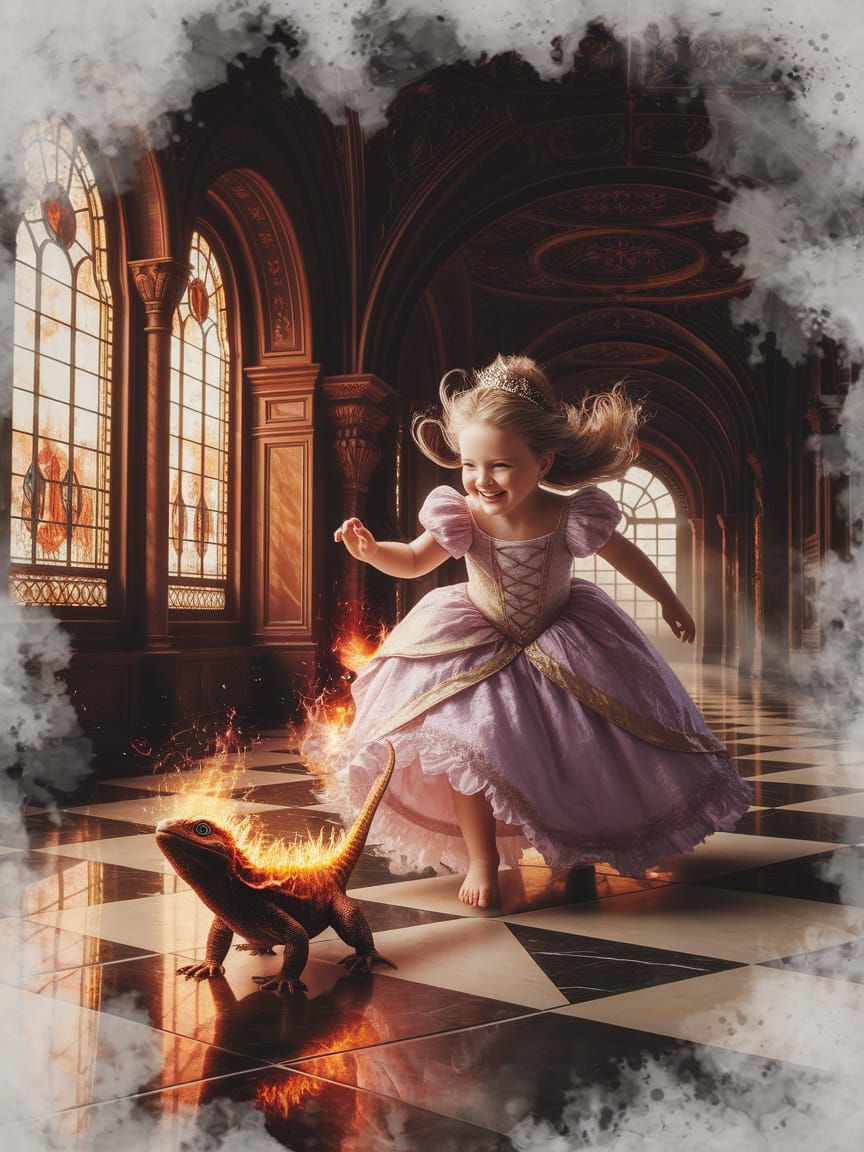 Princess and Fire Lizard in Watercolor Palace Hall