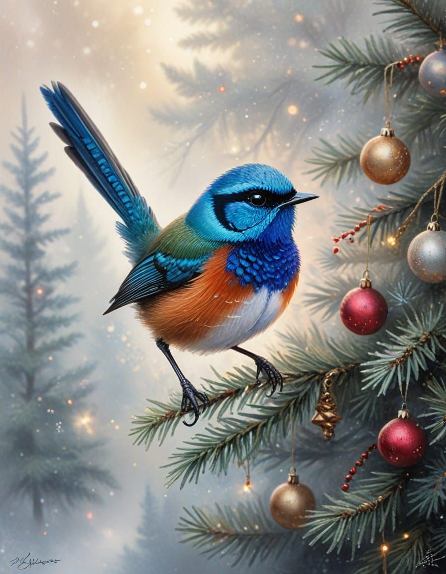 Splendid Fairy Wren by Christmas Tree, Watercolour and Ink