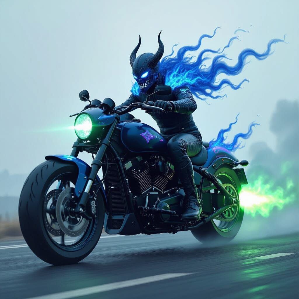 Demonic Motorcycle with Blue and Purple Flames