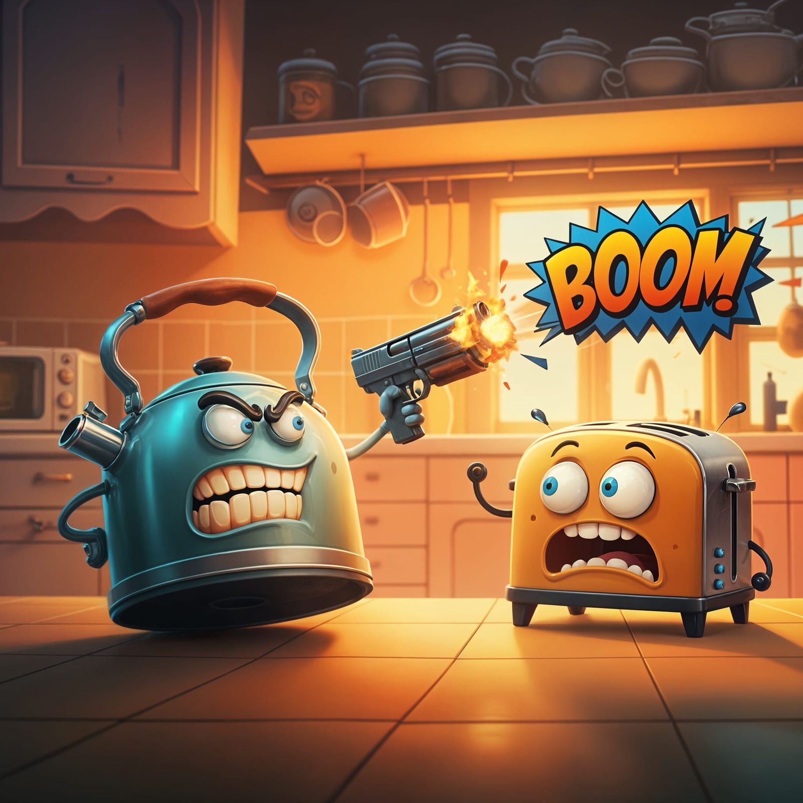 Kettle and Toaster Fight: A Pixar-Style Scene
