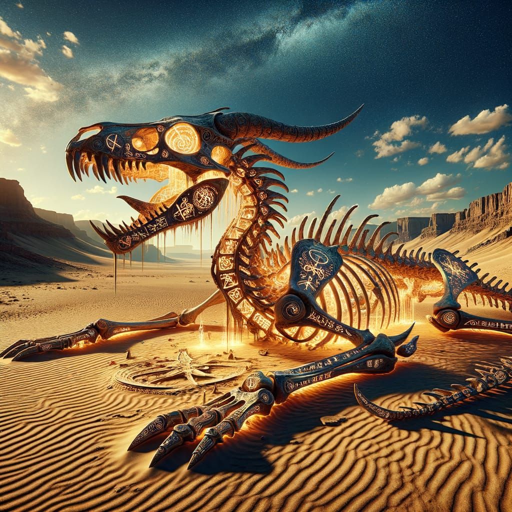 Dragon Skeleton in Desert with Glowing Runes