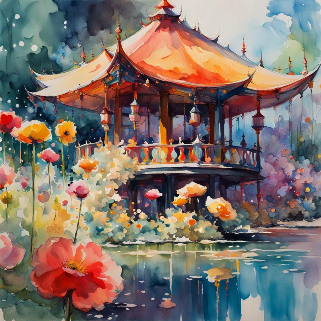 Bright Watercolour Flower Pavilion, Abstract Expressionism S...