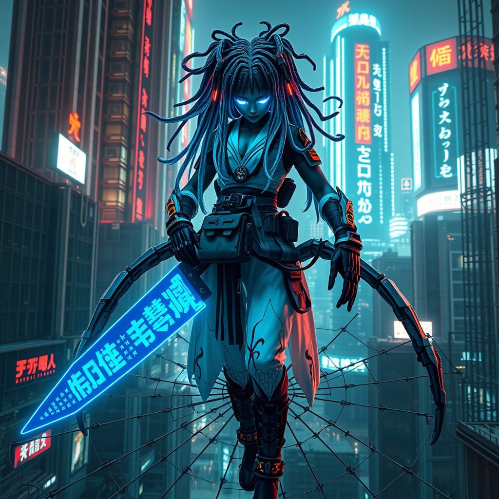 Cyberpunk Spider Girl Unveils Futuristic Arsenal