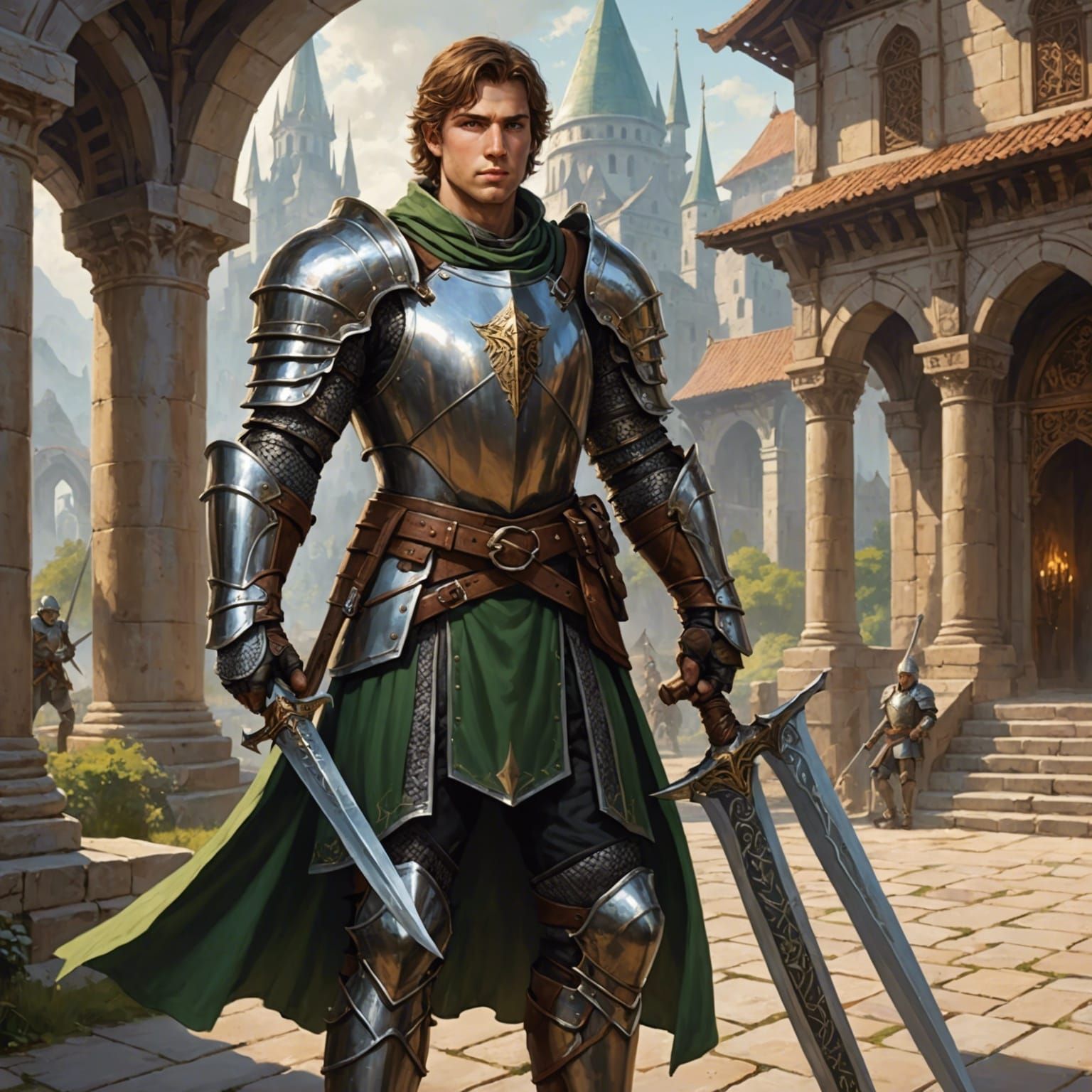 Young Paladin with Warhorse Before Temple