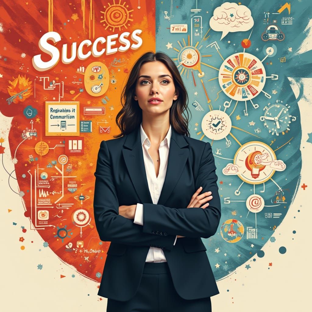 Businesswoman with Abstract Design and Marketing Tools