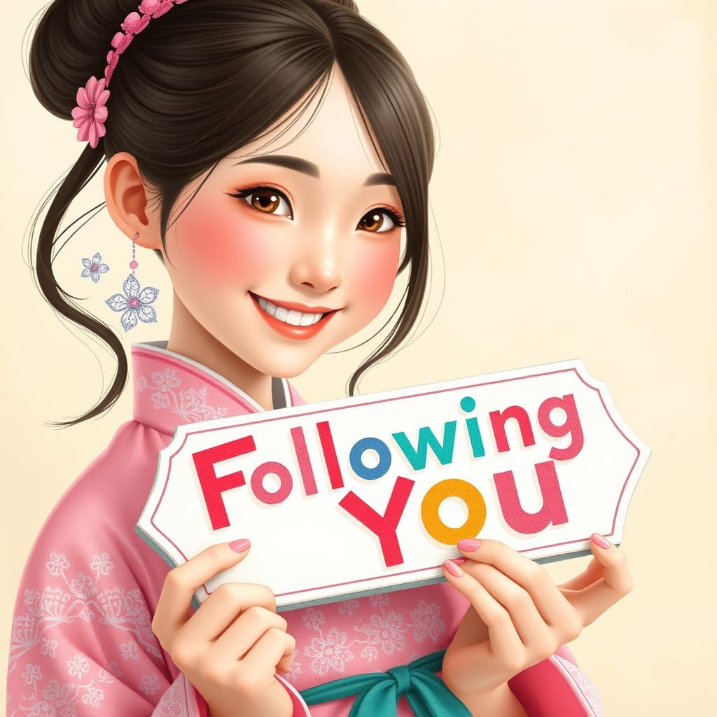 Korean Woman Holding Vibrant Sign in Whimsical Hanbok Style