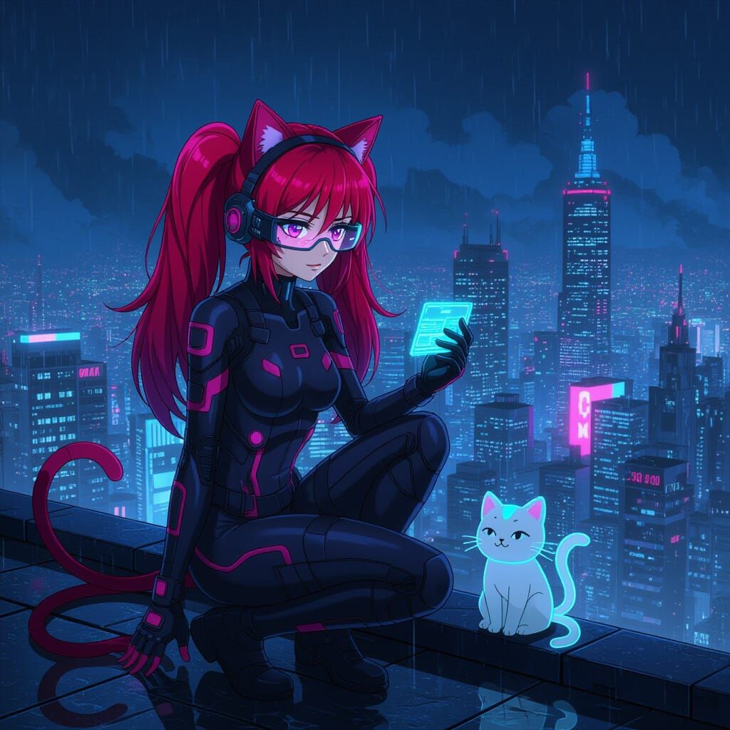 Anime Woman in Cyberpunk City with Holographic Cat