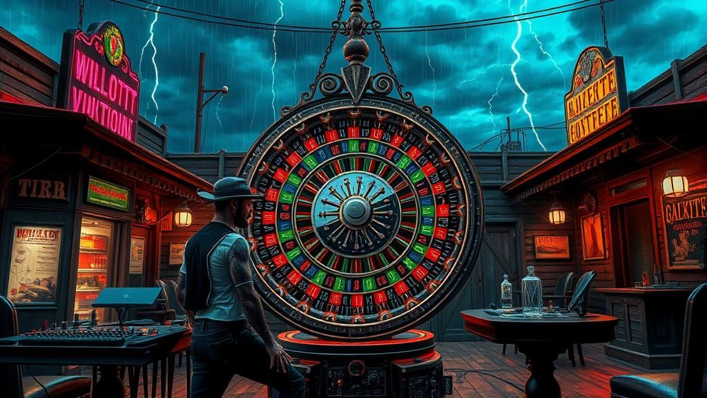 Cyberpunk Musician in Sci-Fi Saloon at Dusk