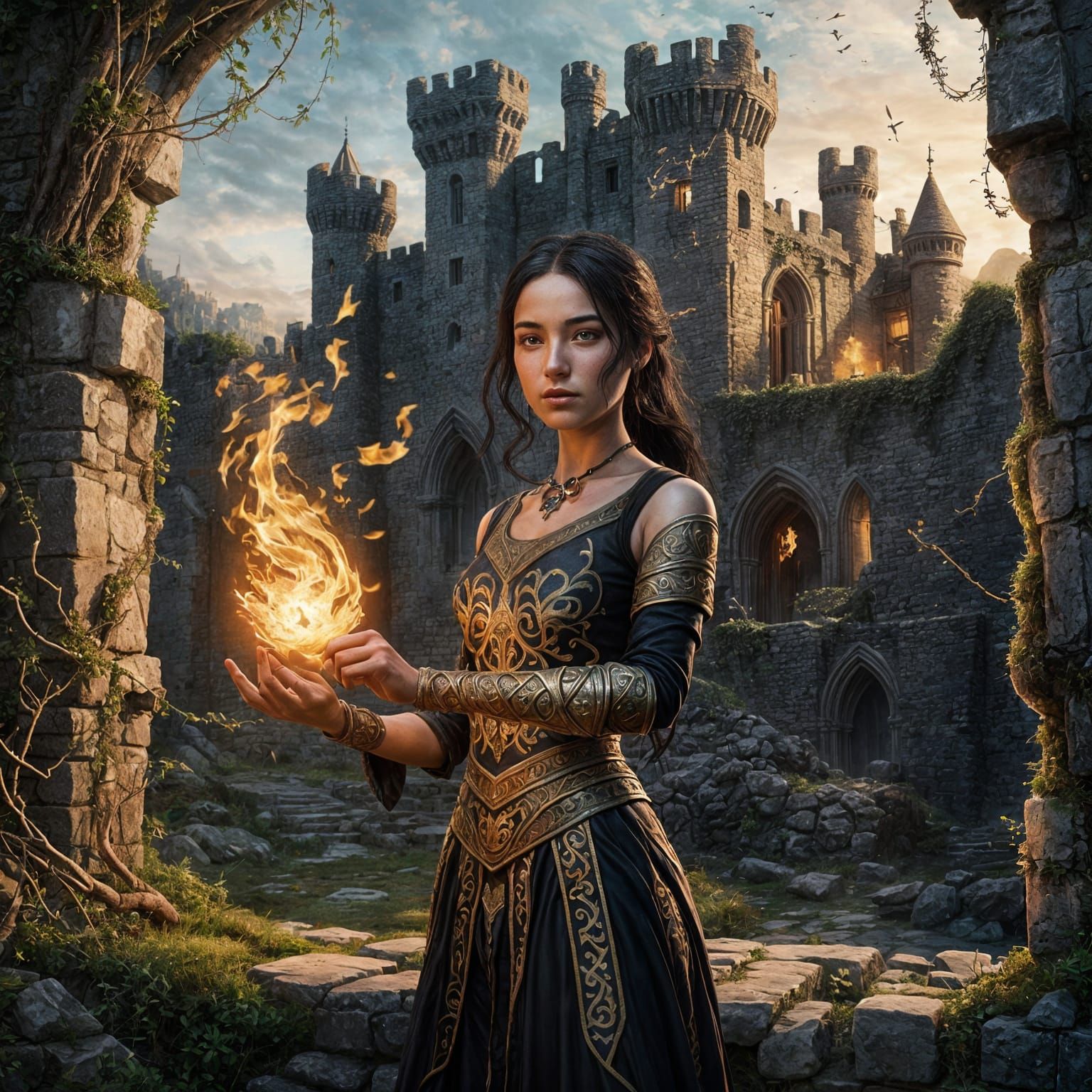 medieval themed, young girl with black hair, arms down by he...