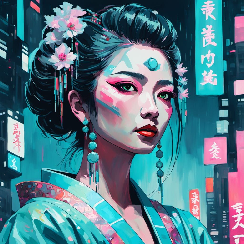 Geisha with Turquoise Jewelry in Cyberpunk Gouache