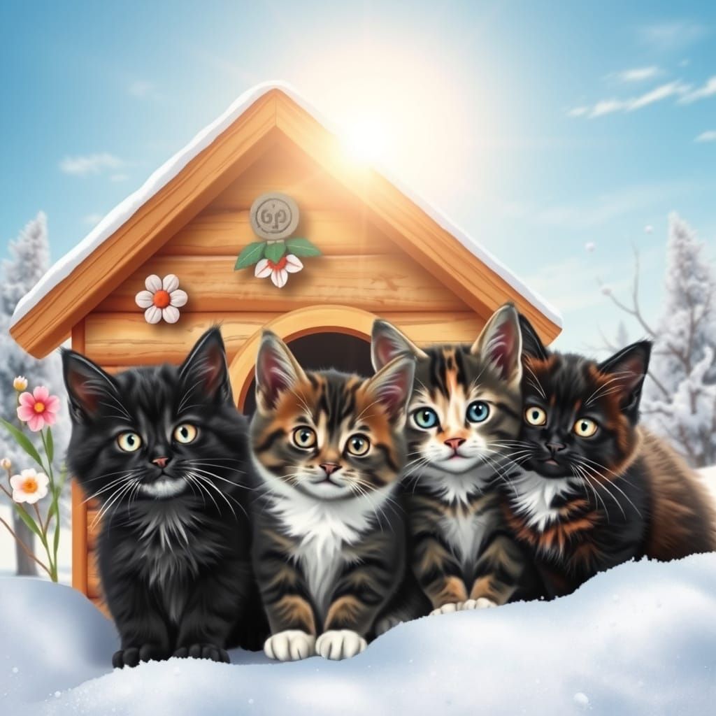 Cute Cats Snuggled Outside Flower-Adorned House