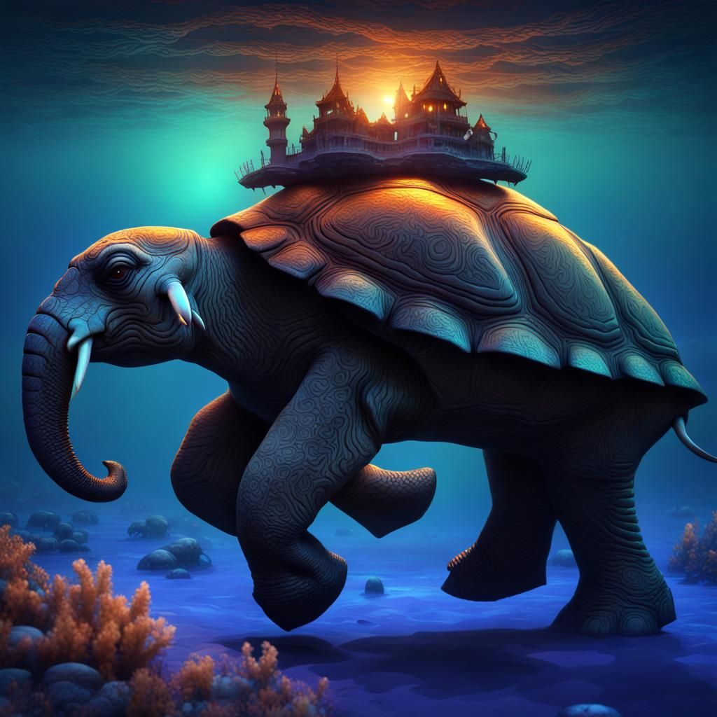 Turtle Carrying Elephants: Dawn Black Light Art