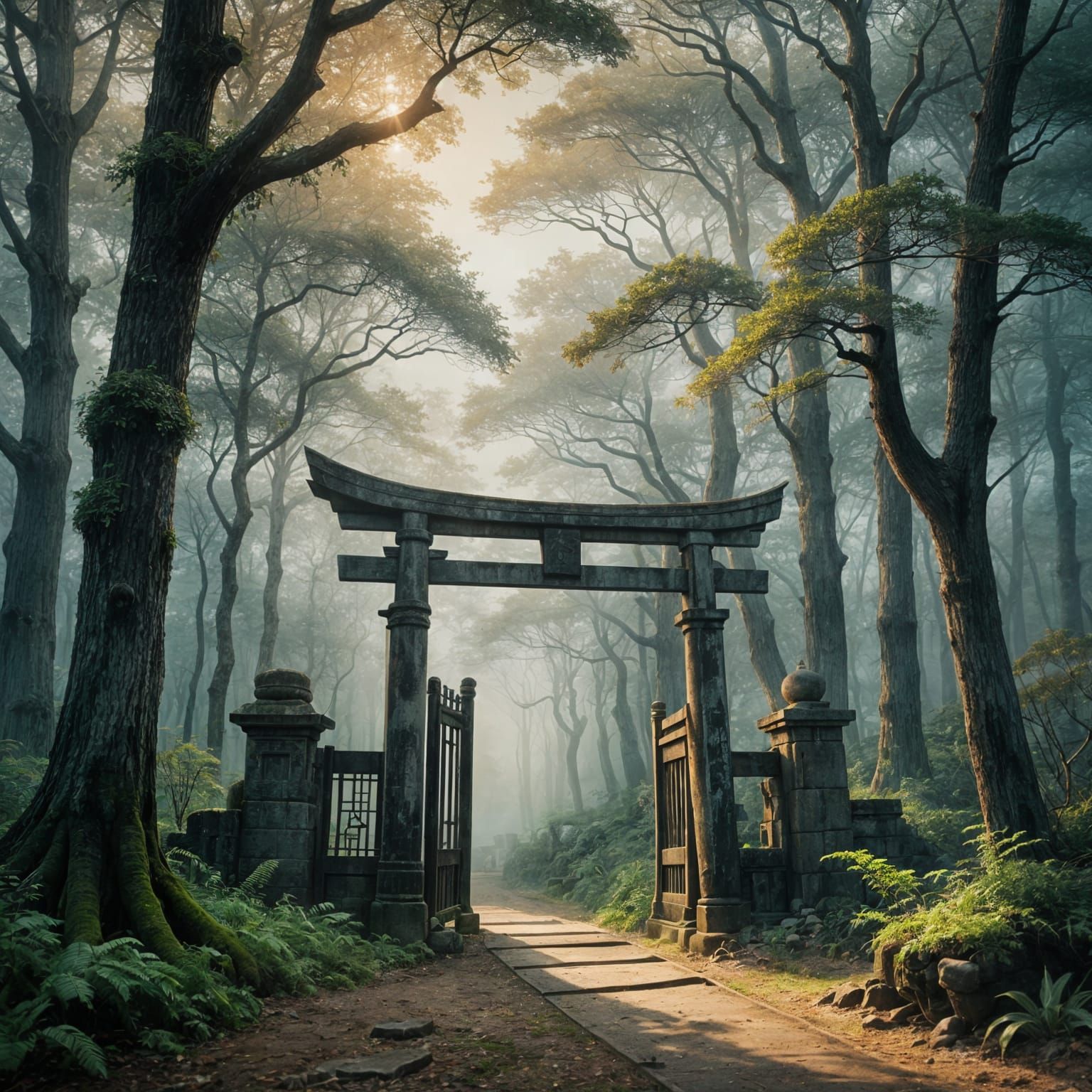 Ethereal Torii Gate to Magical Forest at Misty Dawn