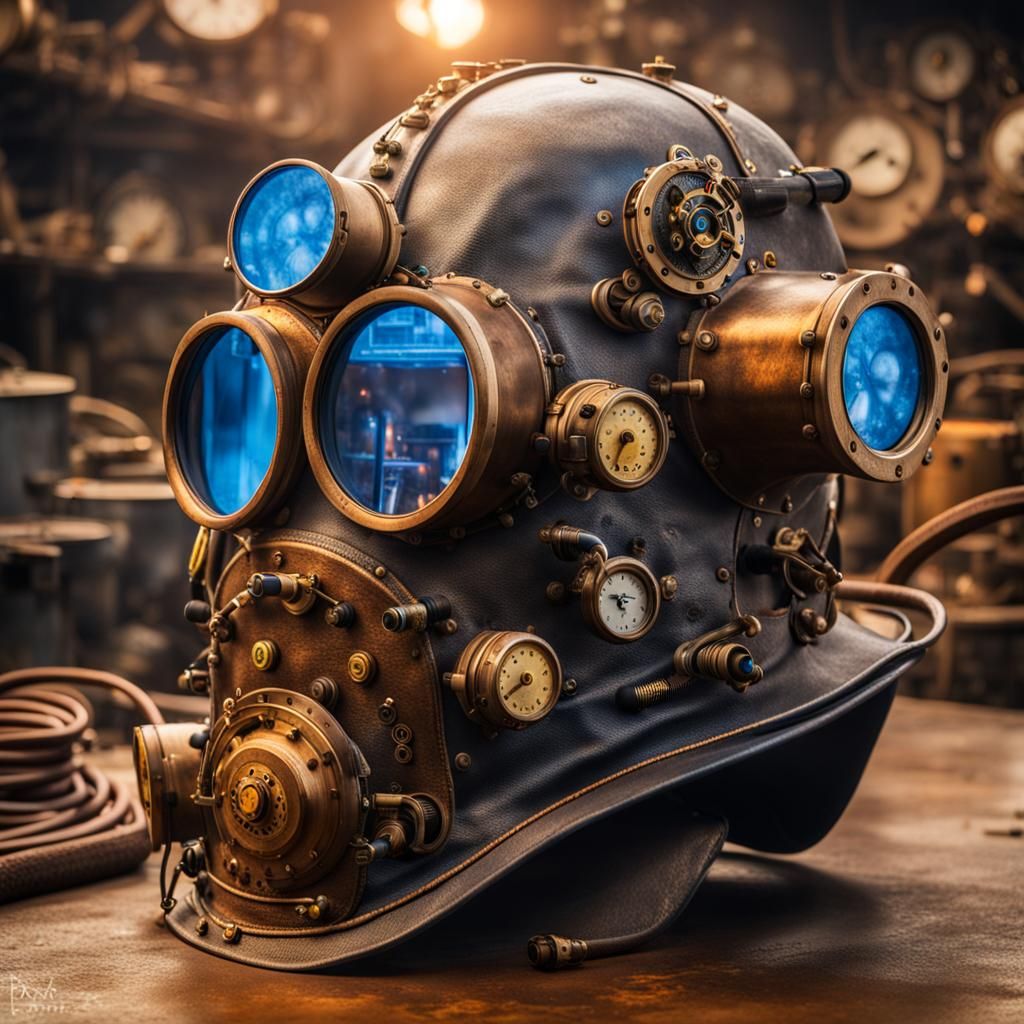 Steampunk Welding Helmet with Factory Backdrop