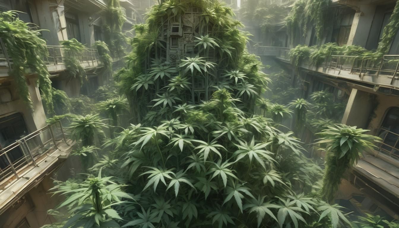 Marijuana Skyscraper in Lush Cinematic Cityscape
