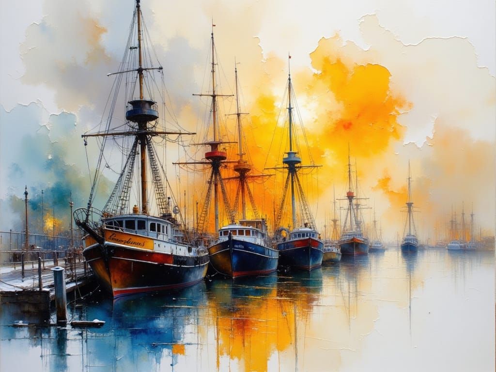 Old Boats in Harbour at Golden Hour Sunset