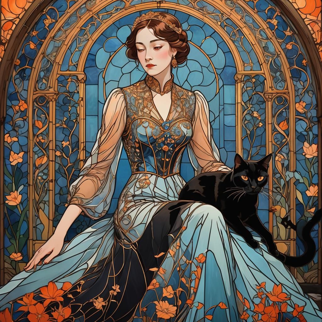 Elegant Lady with Black Cat in Art Nouveau Style