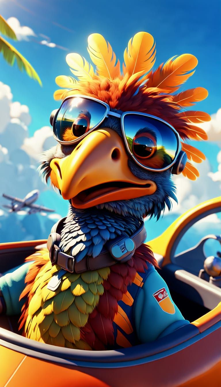 Dodo Bird Singing in Airplane: Vibrant Digital Art