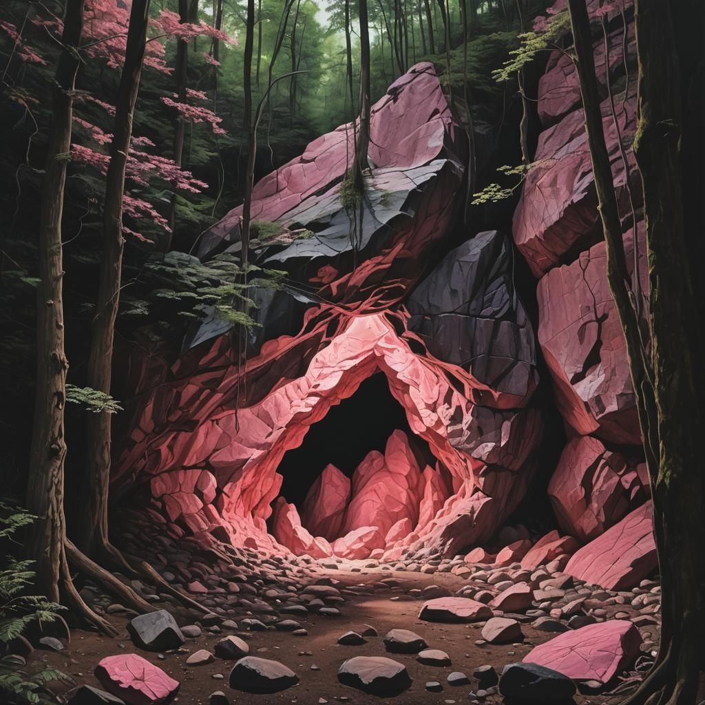 Photorealistic Pink Rock Cave Entrance in Dark Forest