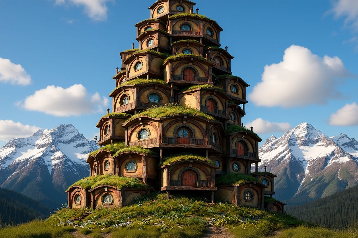Cozy Hobbit Homes Stacked Under Brooding Sky